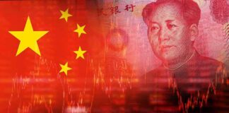 Chinese flag overlaid with yuan banknote and stock market graph