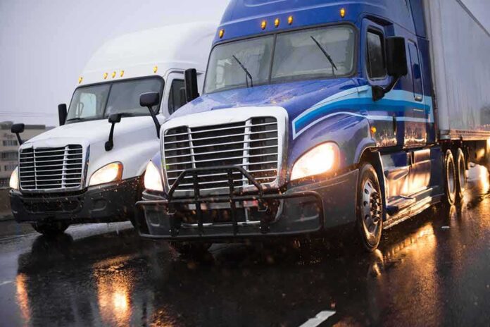 Two semi trucks driving side by side on a wet highway