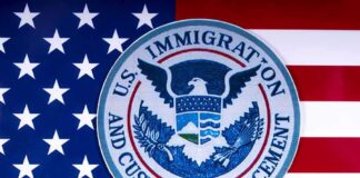 U.S. Immigration and Customs Enforcement seal over American flag