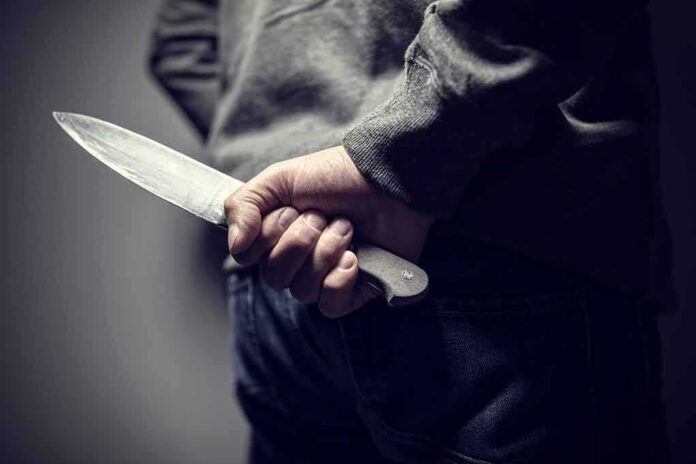 person holding a large knife behind their back
