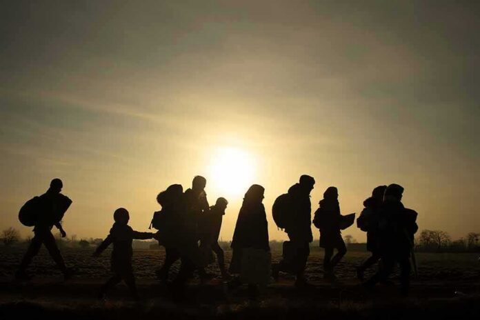 silhouettes of people walking at sunset