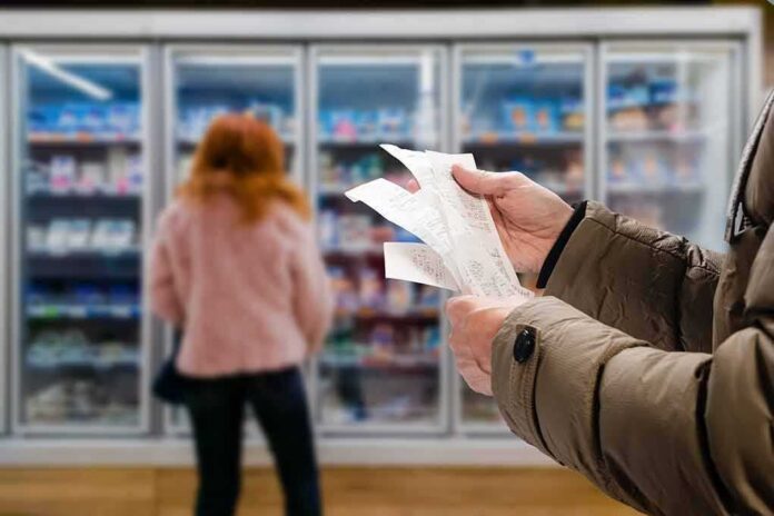 shutterstock_2145506591 Person holding grocery receipts in front of supermarket freezer aisle