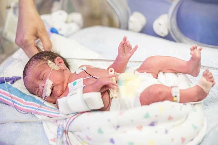 Premature newborn in NICU with monitoring tubes