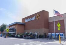 Shoplifting Call — How Did A Baby Die? Walmart storefront with American flag and outdoor garden center