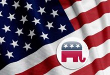 Seven GOP Break – Swing-District Rebellion Rattles Trump American flag with Republican elephant emblem