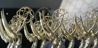 Emmy statuettes in rows