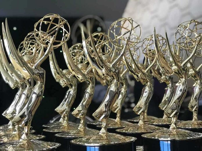 Emmy statuettes in rows
