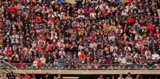 Peter Keys in a large stadium crowd of football fans