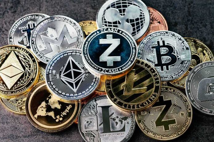 Pile of assorted cryptocurrency coins