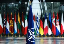 Abrams Flood Poland — NATO Wall Hardens NATO flag with member country flags in the background
