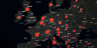 Map of Europe with red data circles highlighting cities