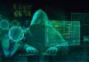 Foreign Ops Hijack U.S. Energy Fights Hooded hacker at computer with digital virus graphics