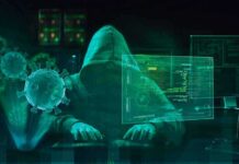 Foreign Ops Hijack U.S. Energy Fights Hooded hacker at computer with digital virus graphics