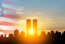 How One Firm Rewrote 9/11 Duty New York City skyline with twin towers at sunrise and American flag overlay