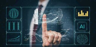 Businessperson touching virtual AI and data analytics interface