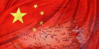 Chinese flag overlaid on a map of China