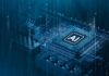AI chip on a circuit board glowing in blue