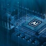 AI chip on a circuit board glowing in blue