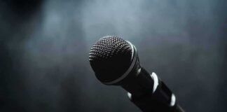 Microphone on a stand against a dark blurred background