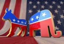 Panic Money – Red Kansas Needs A Lifeline? Democratic donkey and Republican elephant symbols on American flag backdrop