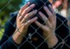 Person behind chain-link fence holding head in hands