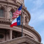 Barbara Bush Check Scrambles Texas Map Texas and U.S. flags in front of a capitol building dome
