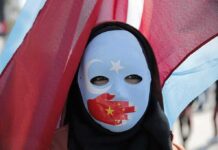 Nobel Uproar: UN Star Linked To Uyghur Betrayals Person wearing a blue protest mask with flags