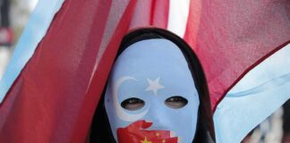 Person wearing a blue protest mask with flags