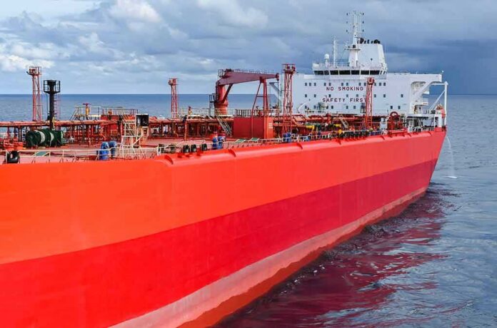 shutterstock_1916898809-1 Red oil tanker ship at sea